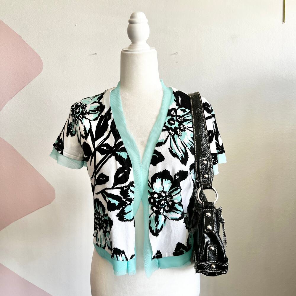 Vintage Floral Rhinestone Bolero Jacket Y2K Glam Coquette Fairycore Medium